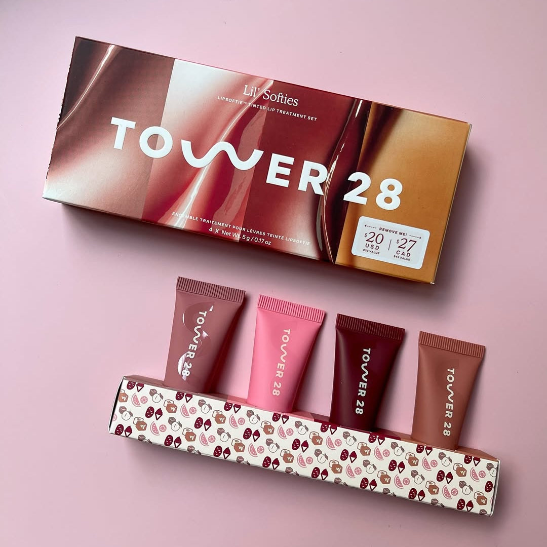 Tower 28 lip treatment set with packaging on a pink background