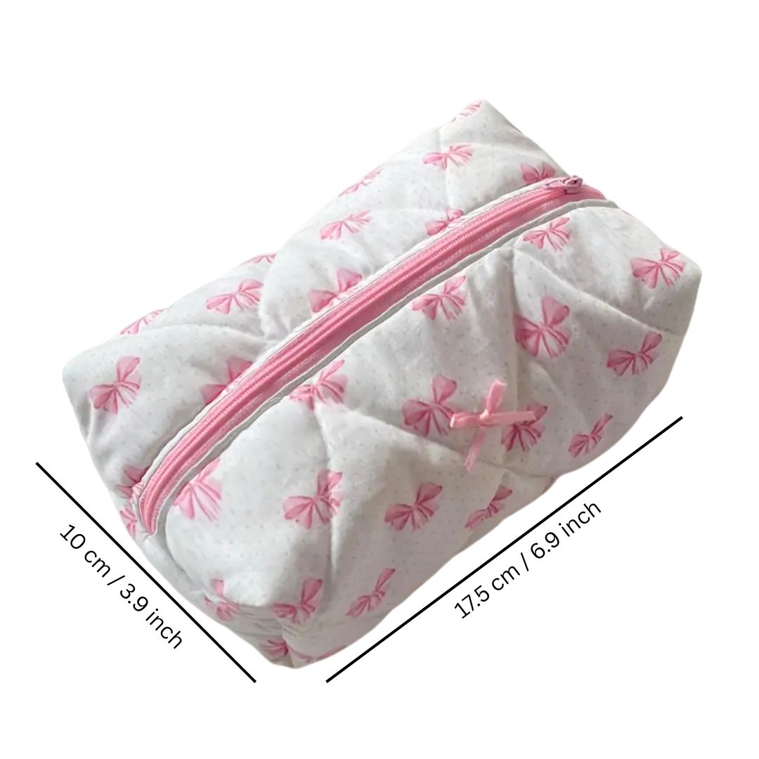 Bow Coquette Quilted Makeup Pouch / Bag